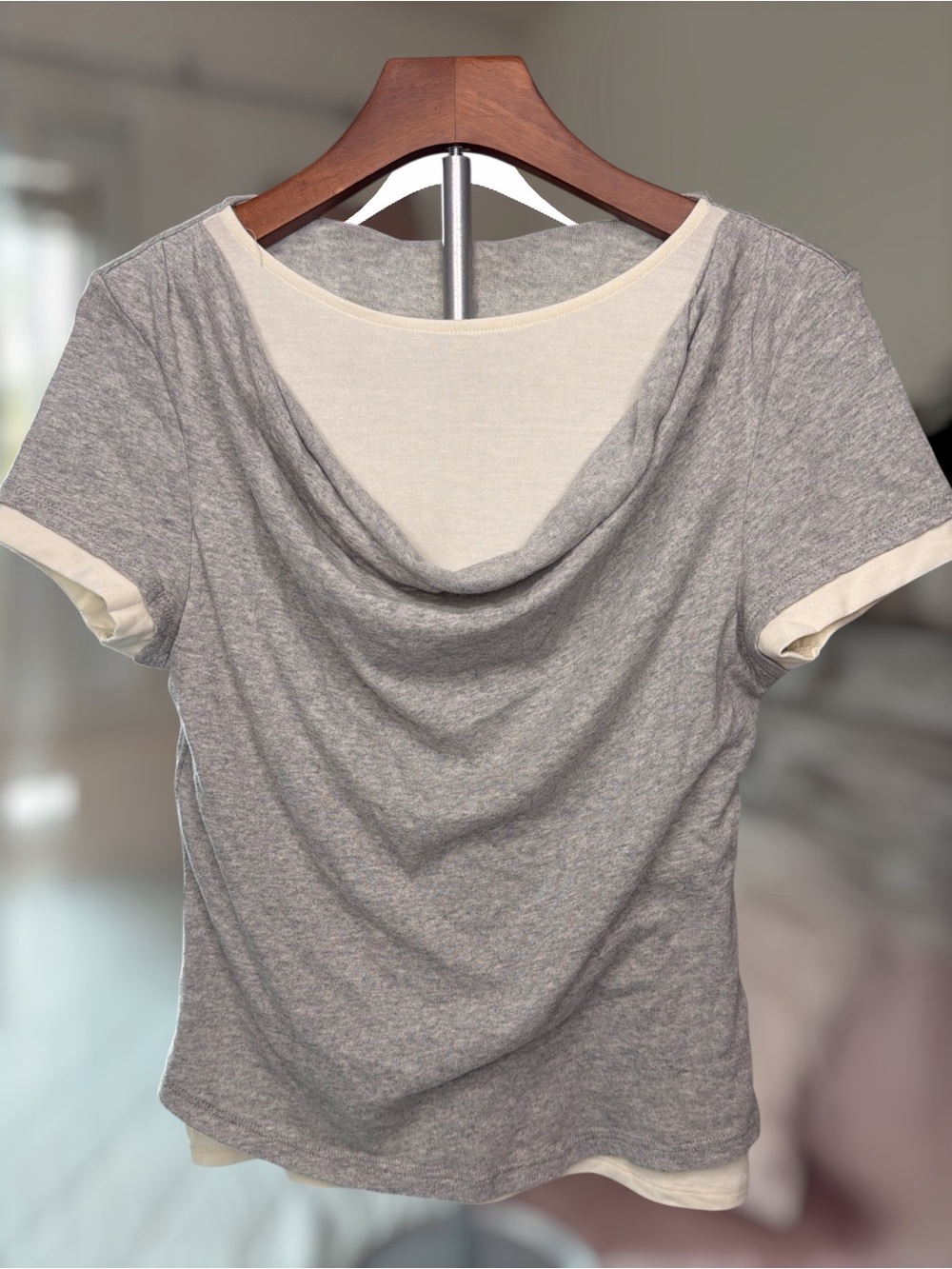 Current/Elliott Gray Short Sleeve Draped Back Top with Cream Layering